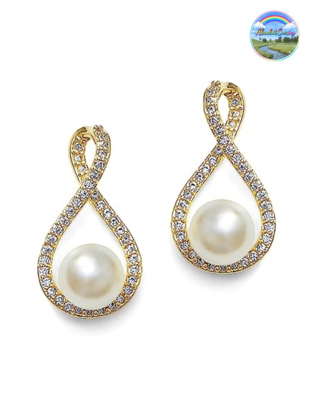 Pearl Drop Earrings with Cubic Zirconia Crystals Gold Tone Lever Back